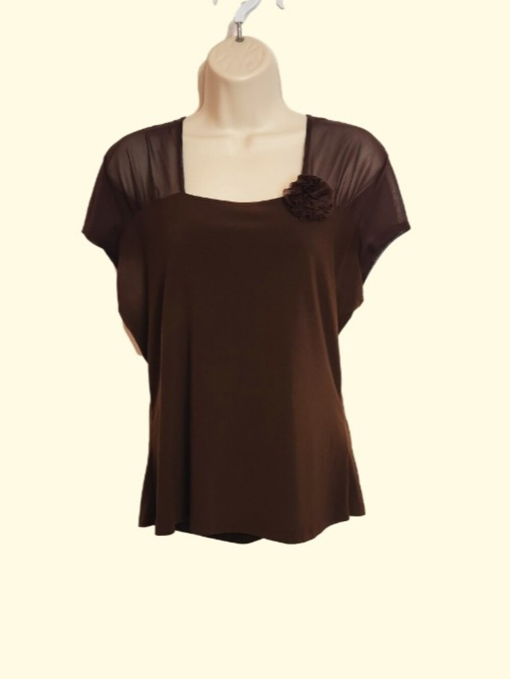 Susan Lawrence Brown Short Sleeve Square Neck Top with Floral Accent